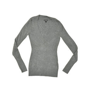 Express Women's Gray Ribbed V-Neck Pullover Sweater Regular Size S Solid